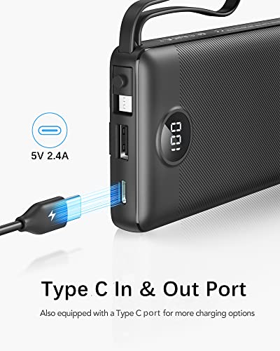 Portable Charger with Built in Cables,VRURC 10000mAh Ultra Slim USB C Power Bank,5 Output 2 Input LED Display External Battery Pack Phone Charger Compatible with Smart Devices and Cell Phones(1 Pack)