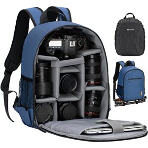 tarion camera bag professional camera backpack case with laptop compartment waterproof rain cover for dslr slr mirrorless camera lens tripod photography backpack for women men photographer blue tb-s