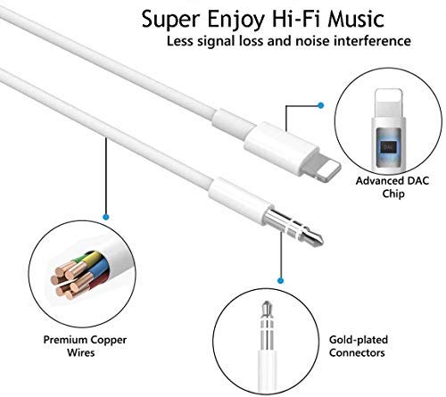 iPhone Aux Cord for Car, Apple MFi Certified Veetone Lightning to 3.5 mm Headphone Jack Adapter Male Aux Stereo Audio Cable Compatible with iPhone 13 13 Pro 12 11 SE 2020 XS XR X 8 7, 3.3FT White