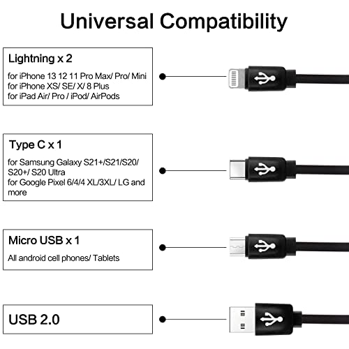 Multi Charging Cable 2 Pack 3FT, 4 in 1 Retractable Multiple Charger Cord Multi USB Cable Adapter with Dual Lightning/Type C/Micro USB Port for iPhone/Samsung Galaxy/Pixel/Phones/Tablets and More