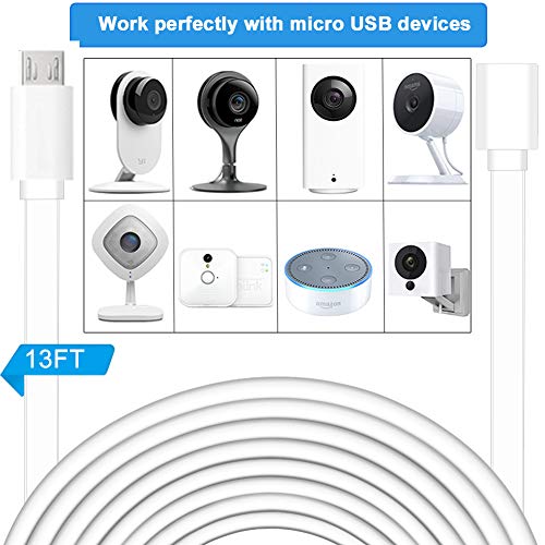 2 Pack 13FT Micro USB Extension Cable for Zmodo,Male to Female Extender Flat Power Cord Compatible for Wyze Cam v3 v2,Yi Camera,Oculus Go,Netvue,Nest Cam,Blink,Furbo Dog Home Security Camera