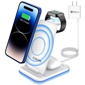 zubarr foldable wireless charger for multiple devices 3 in 1 wireless charging station for travel, compatible with iphone14 13 12 11/pro/xr, iwatch charger for7/6/5/4/3/2, airpods wireless/pro