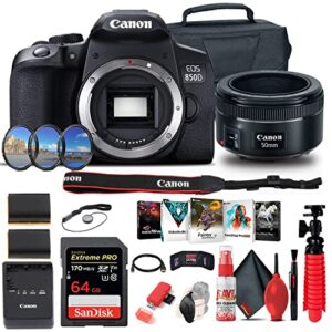 canon eos rebel 850d / t8i dslr camera (body only) + canon ef 50mm lens + 64gb card + case + filter kit + corel photo software + lpe17 battery + charger + card reader + more (renewed)