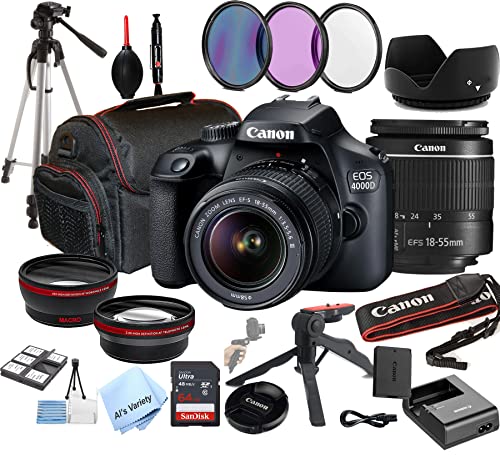 Canon EOS 4000D (Rebel T100) DSLR Camera w/EF-S 18-55mm F/3.5-5.6 Zoom Lens + 128GB Memory + Case + Tripod + Filters (28pc Bundle) (Renewed)