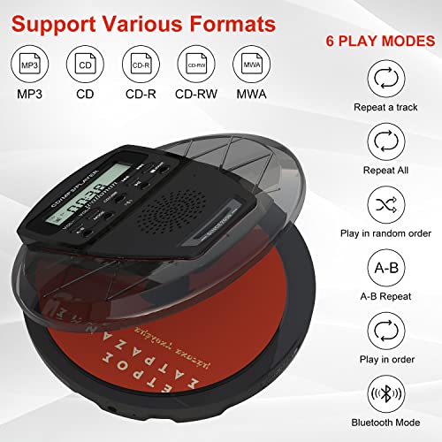 Rechargeable CD Player Portable with Bluetooth,Compact Anti-Skip Shockproof Portable CD Player with Earphone,Walkman CD Player with Stereo Speakers&LCD Display for Car/Home/Travel (AUX Output)