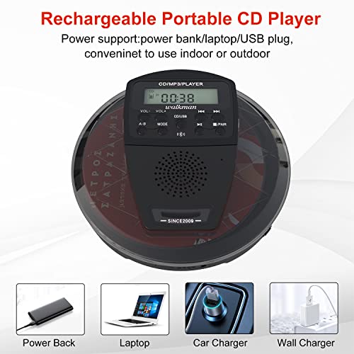 Rechargeable CD Player Portable with Bluetooth,Compact Anti-Skip Shockproof Portable CD Player with Earphone,Walkman CD Player with Stereo Speakers&LCD Display for Car/Home/Travel (AUX Output)