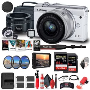 canon eos m200 mirrorless digital camera with 15-45mm lens (white) (3700c009) + canon ef-m lens adapter + 4k monitor + canon ef 50mm lens + 2 x 64gb card + case + more (renewed)