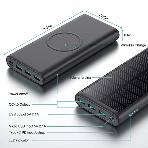 5 in 1 Wireless Portable Charger Power Bank,36800mAh 5 Output Dual QC4.0 25W PD USB C Battery Pack,15W Wireless Fast Charging,IP65 Solar Charger Compatible with iPhone14,13,12 Series,Samsung,iPad etc