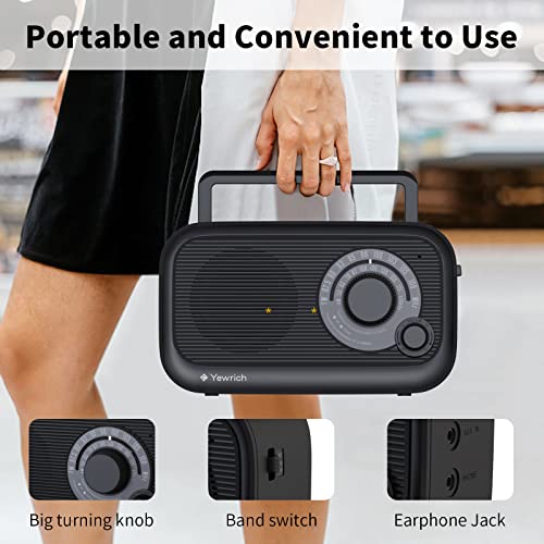 AM FM Radio with Best Reception, Bluetooth Speaker Portable Radio, DSP Plug in Wall Radio Battery Operated or AC Power with Headphone Jack, Large Tuning Knob for Home Kitchen Outdoor, Black