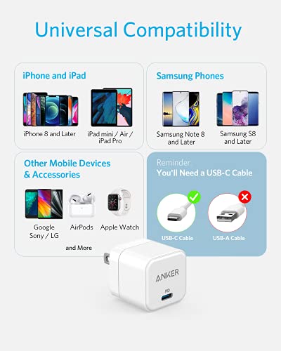 USB C Charger, Anker 2-Pack Fast Charger with Foldable Plug, PowerPort III 20W Cube Charger for iPhone 14/14 Plus/14 Pro/14 Pro Max/13, Galaxy, Pixel 4/3, iPad/iPad Mini, and More(Cable not Included)