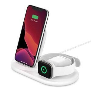belkin 3-in-1 wireless charger – fast wireless charging stand for apple iphone, apple watch & airpods – iphone case compatible qi charger – wireless charging station for multiple devices – white