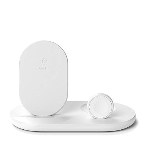 Belkin 3-in-1 Wireless Charger - Fast Wireless Charging Stand for Apple iPhone, Apple Watch & AirPods - iPhone Case Compatible Qi Charger - Wireless Charging Station For Multiple Devices - White