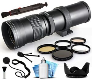 opteka 420-800mm f/8.3 hd telephoto zoom lens bundle package includes 5 piece uv-cpl-fl-macro 10x-nd4 filters + tulip hood + cap keeper + lens pen + cleaning kit for canon eos m / m2 dslr slr digital camera