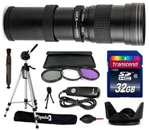 opteka 420-800mm f/8.3 hd telephoto zoom lens bundle package includes 70″ tripod photo/video tripod + 32gb memory card + 3 piece uv-fl-cpl filters + hood + remote shutter release control + dust blower + lens pen + cleaning kit for canon eos 6d, 7d mark ii