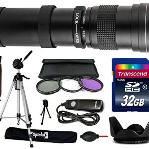 Opteka 420-800mm f/8.3 HD Telephoto Zoom Lens Bundle Package includes 70" Tripod Photo/Video Tripod + 32GB Memory Card + 3 Piece UV-FL-CPL Filters + Hood + Remote Shutter Release Control + Dust Blower + Lens Pen + Cleaning Kit for Canon EOS 6D, 7D Mark II