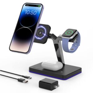 joygeek mag safe charger with stand, magnetic iphone charger, 3-in-1 wireless charging station for apple iphone 14/13/12 series, iwatch ultra/8/7/6, airpods pro, upgraded strong magnets, more stable