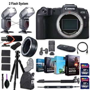 canon eos rp mirrorless digital camera (body only) + 2 flash system with deluxe accessory kit (4-pack photo/video editing software, pro microphone w/windshield and more) (renewed)