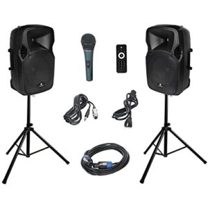 proreck party 12 12-inch 1000 watts 2-way powered pa speaker system combo set with bluetooth/usb drive read function/sd card reader/fm radio/remote control/speaker stand