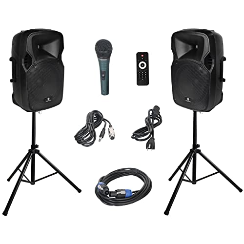 PRORECK Party 12 12-Inch 1000 Watts 2-Way Powered PA Speaker System Combo Set with Bluetooth/USB Drive Read Function/SD Card Reader/FM Radio/Remote Control/Speaker Stand