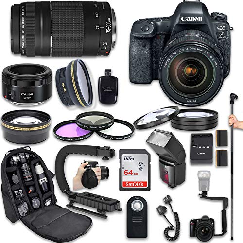 Canon EOS 6D Mark II DSLR Camera with Canon EF 24-105mm f/4L is II USM Lens + Canon EF 75-300mm f/4-5.6 III Lens + Canon EF 50mm f/1.8 STM Lens + Fully Dedicated TTL Flash (23 Items kit) (Renewed)