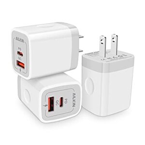 3Pack Dual Port USB-C Wall Plug-in USB Charger, AILKIN 20W Power Delivery + QC3.0 USB A Double Port Fast Charging Block for iPhone 14 13 12 Pro Max 14 Pro 12 Mini 14 11 Pro Max 14 Plus 11 SE X XS Cube