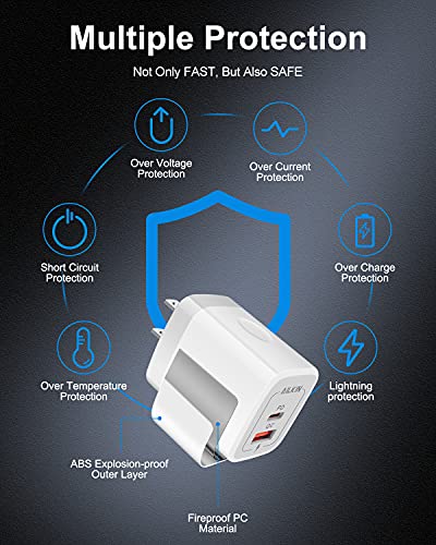 3Pack Dual Port USB-C Wall Plug-in USB Charger, AILKIN 20W Power Delivery + QC3.0 USB A Double Port Fast Charging Block for iPhone 14 13 12 Pro Max 14 Pro 12 Mini 14 11 Pro Max 14 Plus 11 SE X XS Cube