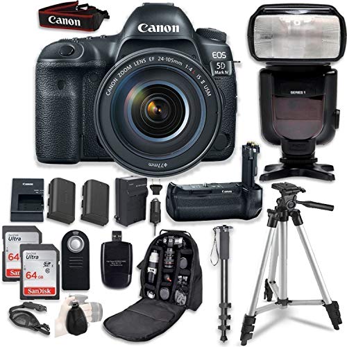 Canon EOS 5D Mark IV with EF 24-105mm f/4L is II USM Lens - with Canon BG-E20 Battery Grip + Professional Accessory Bundle (15 Items) (Renewed)