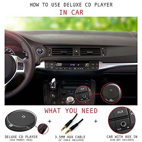 Deluxe Products CD Player Portable with 60 Second Anti Skip, Stereo Earbuds, Includes Aux in Cable and AC USB Power Cable for use at Home or in Car
