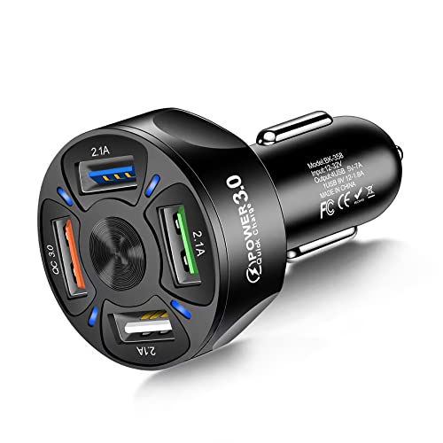 Amiss QC3.0 Car Charger Adapter, 4 Ports USB Car Charger, Fast Charging Electronic Devices with USB Interface, Car Interior Accessories, Compatible with Apple, Android - Black