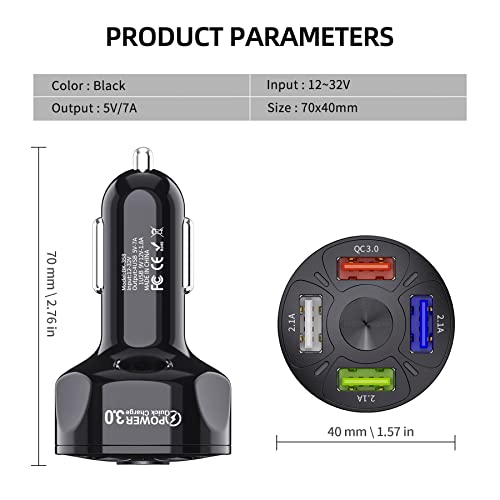 Amiss QC3.0 Car Charger Adapter, 4 Ports USB Car Charger, Fast Charging Electronic Devices with USB Interface, Car Interior Accessories, Compatible with Apple, Android - Black