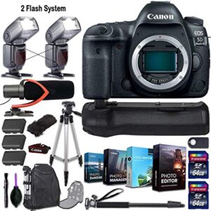 canon eos 5d mark iv dslr camera (body only) + 2 flash system with deluxe accessory kit (4-pack photo/video editing software, pro microphone w/windshield and more) (renewed)