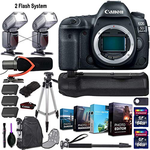 Canon EOS 5D Mark IV DSLR Camera (Body Only) + 2 Flash System with Deluxe Accessory Kit (4-Pack Photo/Video Editing Software, Pro Microphone w/Windshield and More) (Renewed)