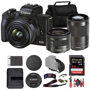canon eos m50 mark ii mirrorless camera with 15-45mm and 55-200mm lenses (black) (4728c014) + 64gb card + card reader + case + flex tripod + hand strap + cap keeper + more (renewed)