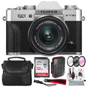 fujifilm x-t30 4k wi-fi mirrorless digital camera with xc 15-45mm lens kit – silver with 32gb bundle and travel photo cleaning kit