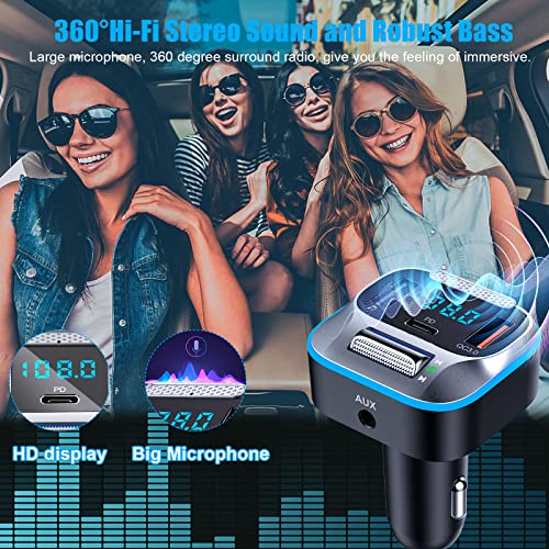 AVNICUD Bluetooth FM Transmitter, 2023 Stronger Hi-Fi Bass Sound Wireless Car Radio Adapter with 7 Colors LED, Hands Free Calls, 30W PD&QC3.0 Fast Charging AUX and U Disk Bluetooth Car Adapter