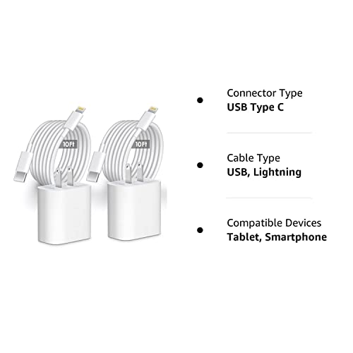 iPhone Charger 10 Ft [MFi Certified] 20W USB C Charger with 10-Foot-Long Charger Parallel Cable Fast Charging Compatible with iPhone 14/14 pro/14 plus/14 pro max/13/12/11/11Pro/XS/X/XR, iPad [2 Pack]