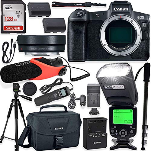 Canon EOS R Mirrorless Digital Camera with Mount Adapter EF-EOS R Kit + TTL Speedlight Flash + Comica Microphone + 60 Inch Tripod & Monopod + 128GB Memory with Accessory Kit (Renewed)