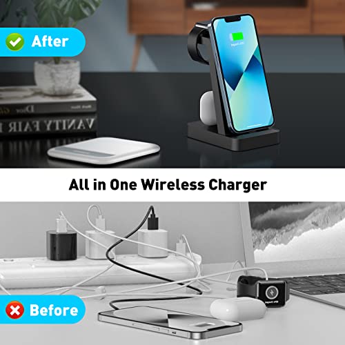 Charger Station for iPhone Multiple Devices - 3 in 1 Fast Wireless Charging Dock Stand for Apple Watch Series 7 6 SE 5 4 3 2 & Airpods iPhone 14 13 12 11 Pro X Max XS XR 8 7 Plus 6s 6 with Adapter