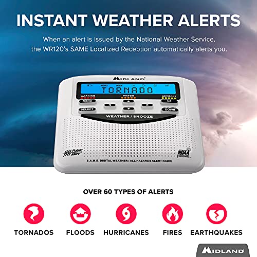 Midland - WR120B/WR120EZ - NOAA Emergency Weather Alert Radio - S.A.M.E. Localized Programming, Trilingual Display, 60+ Emergency Alerts, & Alarm Clock (WR120B - Box Packaging)