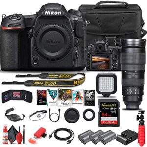 nikon d500 dslr camera (body only) (1559) + nikon 200-500mm lens + 64gb memory card + case + corel photo software + 2 x en-el 15 battery + card reader + led light + hdmi cable + more (renewed)
