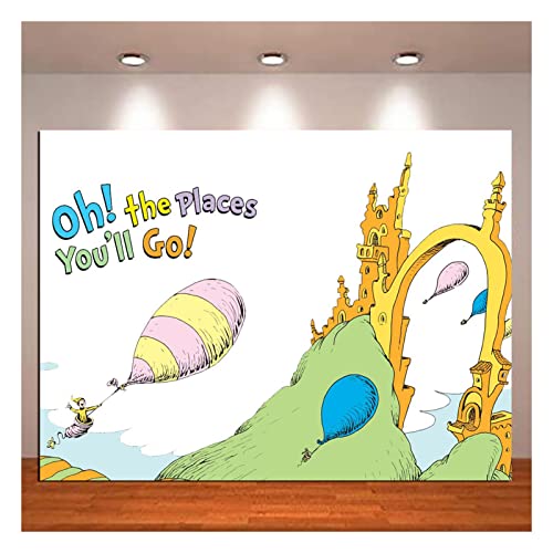 Dr. Seuss Day Castle Congrats Photography Backdrops 5x3ft Oh The Places You'll Go Adventure Begins Photo Background for Back to School Kids' Party Banner Dessert Cake Table Decor Prop