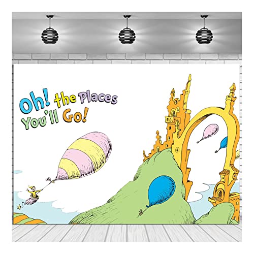 Dr. Seuss Day Castle Congrats Photography Backdrops 5x3ft Oh The Places You'll Go Adventure Begins Photo Background for Back to School Kids' Party Banner Dessert Cake Table Decor Prop