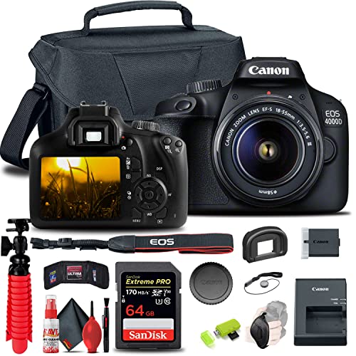 Canon EOS 4000D / Rebel T100 DSLR Camera with 18-55mm Lens, 64GB Memory Card, Case, Card Reader, Flex Tripod, Hand Strap, Cap Keeper, Memory Wallet, Cleaning Kit (Renewed)