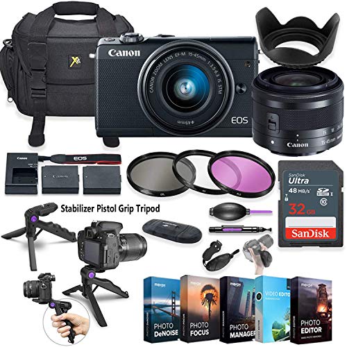 Canon EOS M100 Mirrorless Digital Camera with 15-45mm Lens (Black) + 5 Photo/Video Editing Software Package & Accessory Kit (Renewed)