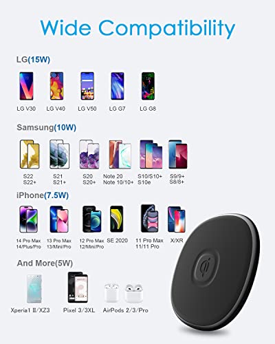 NANAMI Fast Wireless Charger, Qi-Certified 15W Max Wireless Charging Pad, Compatible with iPhone 14/13/13 Pro Max/12/SE/11/XS/XR/X/8, Samsung Galaxy S23/S22/S21/S20/S10/S9/Note 20/10/9/8 & Airpods Pro