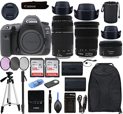 Canon EOS 5D Mark IV DSLR Camera Bundle + EF 24-105mm f3.5-5.6 is STM + EF 75-300mm f4-5.6 III + Canon EF 50mm f1.8 STM, Black, full-size (1483C010)