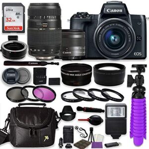 canon eos m50 mirrorless digital camera (black) bundle w/canon ef-m 15-45mm is stm & tamron 70-300mm di ld lenses + auto (ef/ef-s to ef-m) mount adapter + gadget bag + accessories