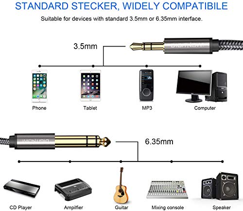 6.35mm 1/4" to 3.5mm 1/8" Male TRS Stereo Audio Cable with Alloy Housing and Nylon Braid for Smartphone, PC, Home Theater, Amplifier and Mixing Console, 3.3Ft