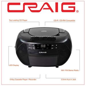 Craig CD6951 Portable Top-Loading CD Boombox with AM/FM Stereo Radio and Cassette Player/Recorder in Black | 6 Key Cassette Player/Recorder | LED Display |