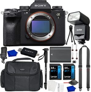 sony alpha a1 full-frame mirrorless camera bundle with godox flash, extra battery, water resistant gadget bag, 2x 64gb memory card, monopod + more, sony a1